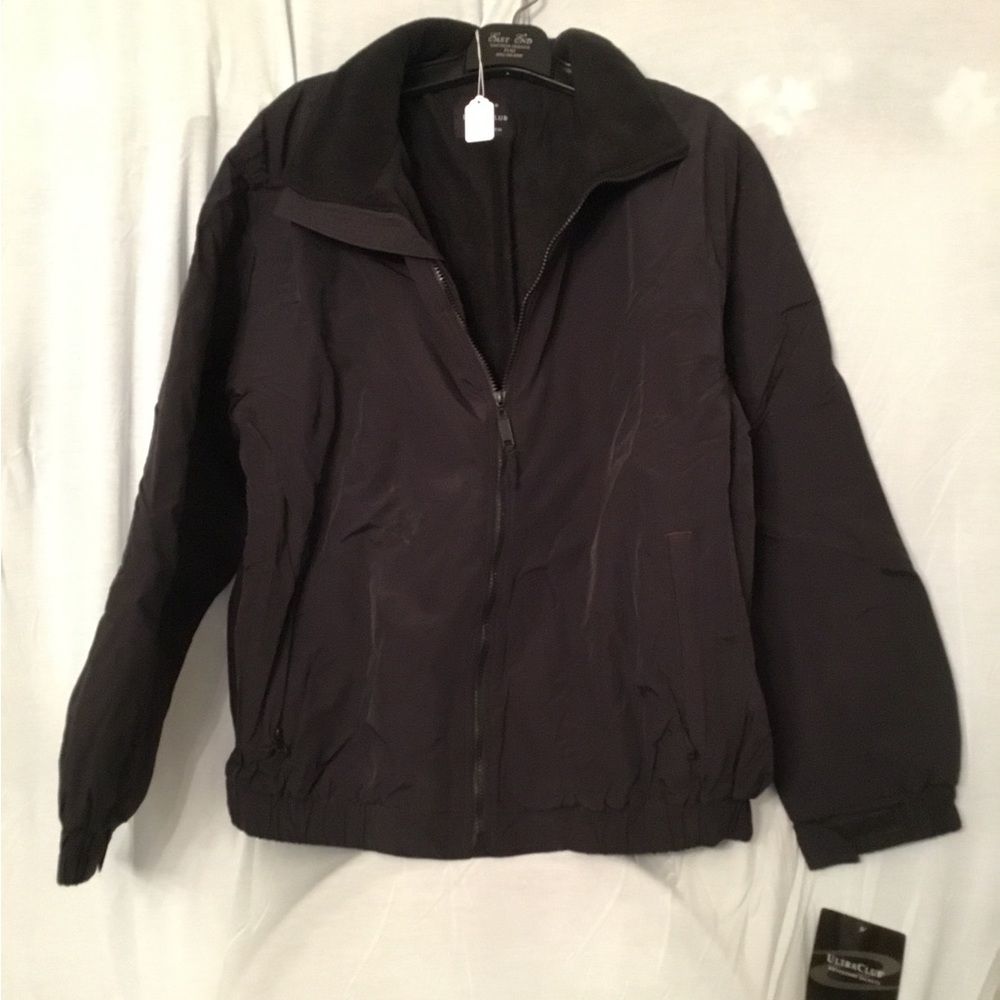 Mens Black ski jacket with Black fleece inside, full zip, side zipped pockets .